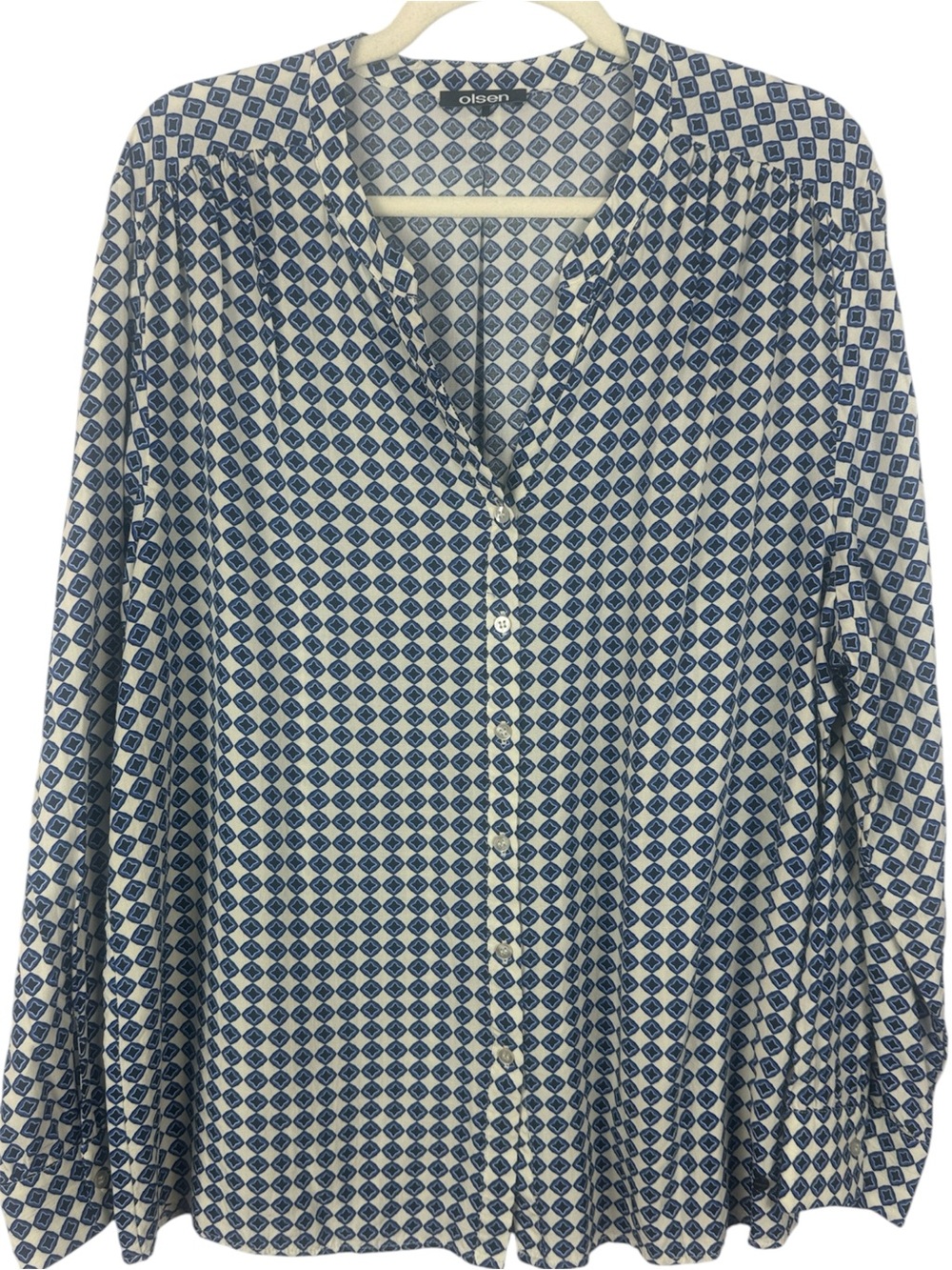 Olsen Germany Blue Geometric Diamond Print Button Down Blouse - Size US 16 / XL